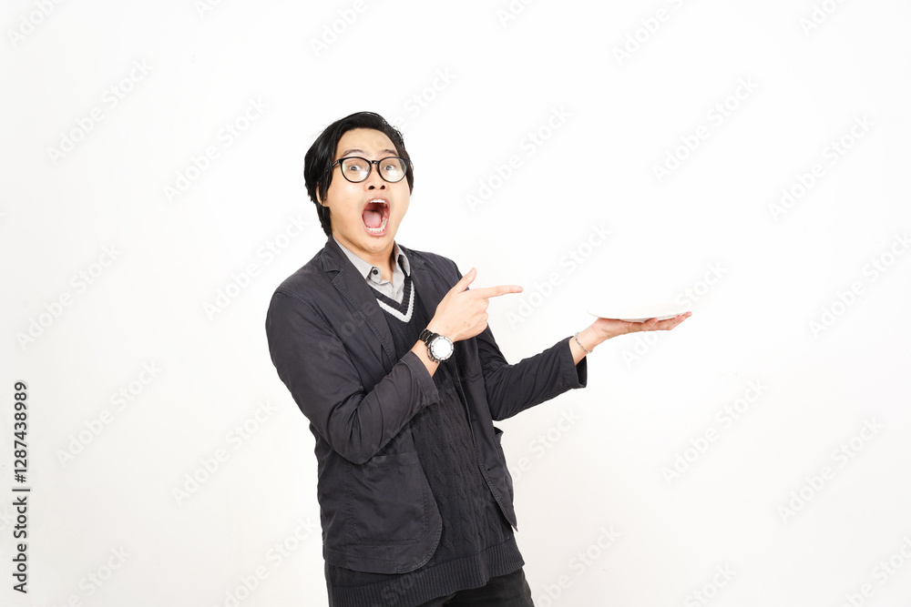 Holding and Showing Empty Plate for copy space food Of Handsome Asian Man Isolated On White Background Holding and Showing Empty Plate for copy space food Of Handsome Asian Man Isolated On White Background