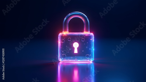 A glowing 3D glass padlock with neon blue, pink, and orange hues on a dark background. Reflective and futuristic, symbolizing security and technology.