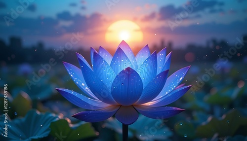 Blue Lotus Flower at Sunset with Water Drops and Lily Pads
