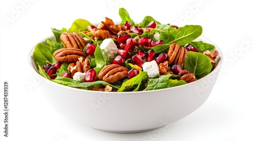 Thanksgiving salad with pecans, pomegranate seeds, and goat cheese, 3D illustration, detailed, isolated on white background