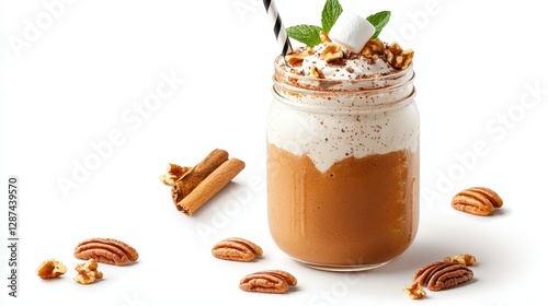 Wallpaper Mural Thanksgiving-inspired butterscotch milkshake in mason jar, topped with pecan and marshmallow, vibrant digital painting, soft shadows, isolated on white background Torontodigital.ca