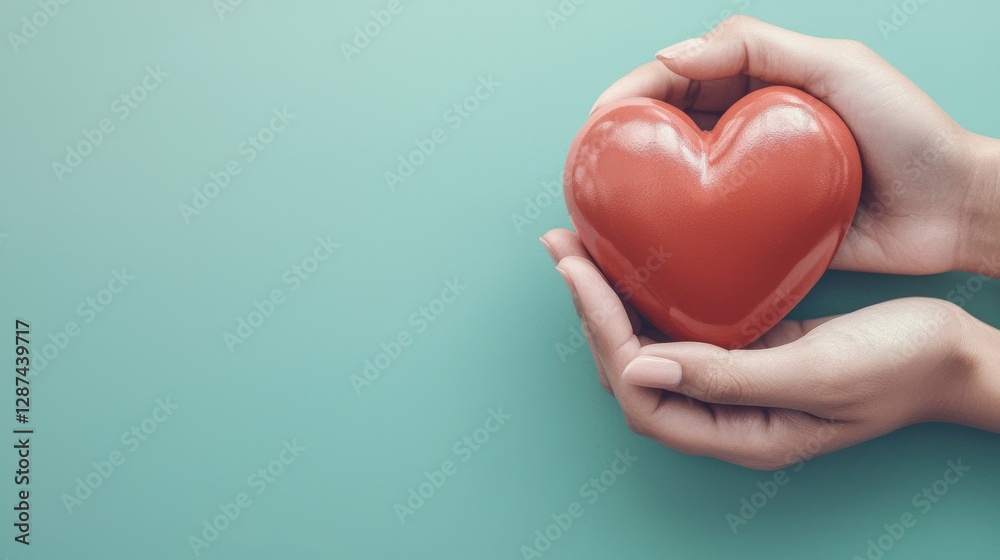 Hands Holding Red Heart Shape Against Minimalist Green Background Hands Holding Red Heart Shape Against Minimalist Green Background