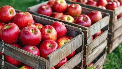 Fresh red apples in wooden crates at orchard, harvest background