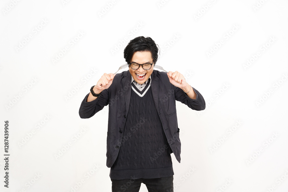 Happy gesture with holding fork and spoon Of Handsome Asian Man Isolated On White Background Happy gesture with holding fork and spoon Of Handsome Asian Man Isolated On White Background