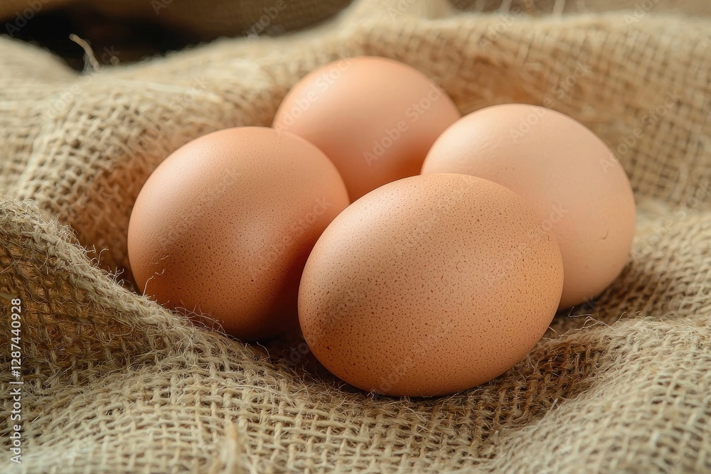 Fresh eggs in sackcloth on wooden table, closeup. Healthy food Fresh eggs in sackcloth on wooden table, closeup. Healthy food