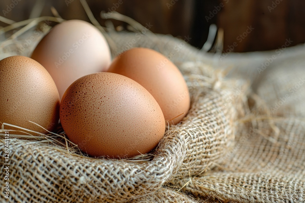 Fresh eggs in sackcloth on wooden table, closeup. Healthy food Fresh eggs in sackcloth on wooden table, closeup. Healthy food