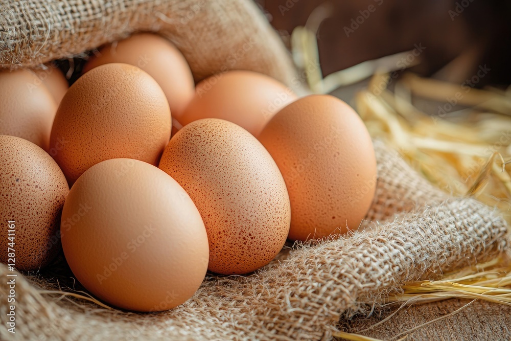 Fresh eggs in sackcloth on wooden table, closeup. Healthy food Fresh eggs in sackcloth on wooden table, closeup. Healthy food