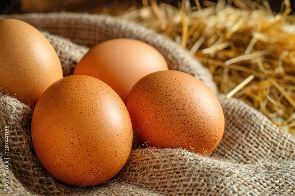 Fresh eggs in sackcloth on wooden table, closeup. Healthy food Fresh eggs in sackcloth on wooden table, closeup. Healthy food