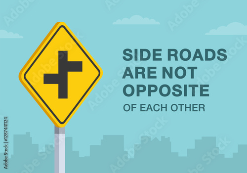 Safe driving tips and traffic regulation rules. Close-up of United States "offset side roads" sign meaning. Side roads are not opposite. Flat vector illustration template.