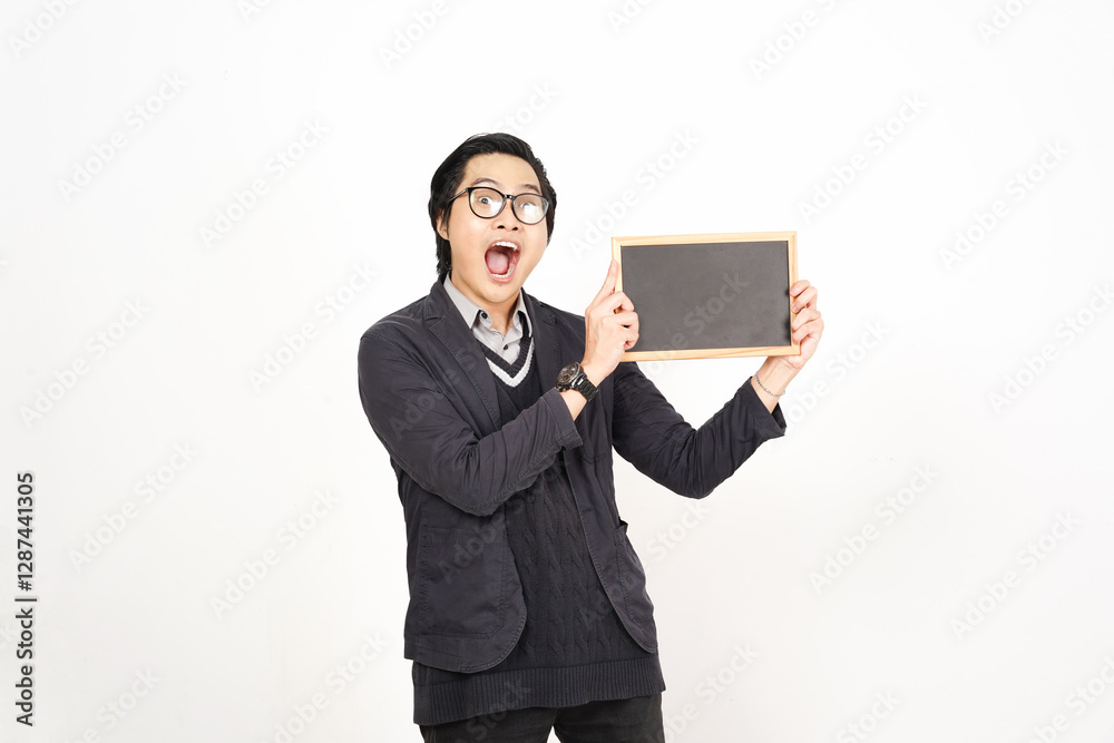 Smiling and holding blank chalkboard for copy space Of Handsome Asian Man Isolated On White Background Smiling and holding blank chalkboard for copy space Of Handsome Asian Man Isolated On White Background