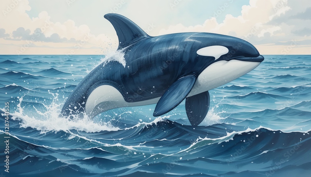 Fototapeta premium Orca breaching in ocean waves marine life art illustration seascape side view gigapixel concept