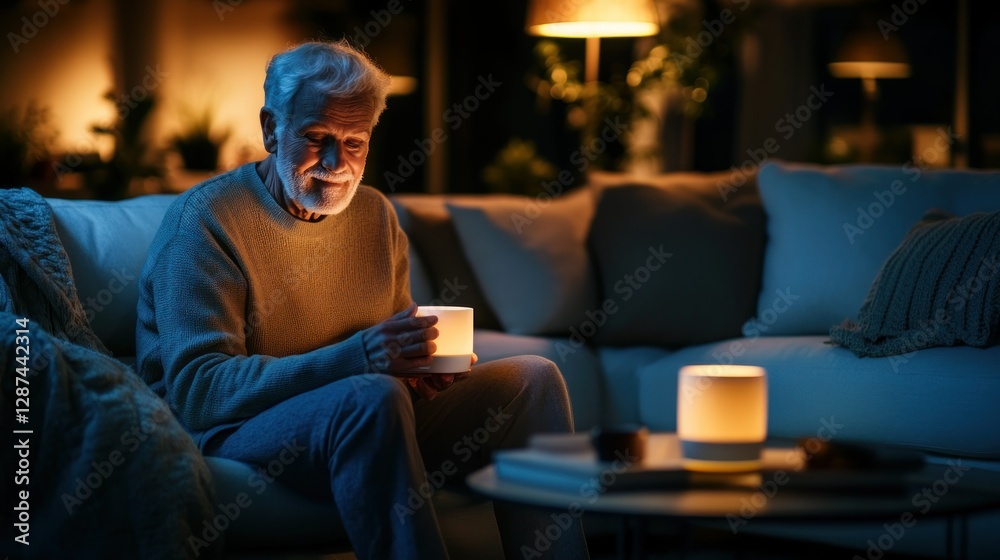 Elderly man enjoying a cozy evening with candles. Elderly man enjoying a cozy evening with candles.