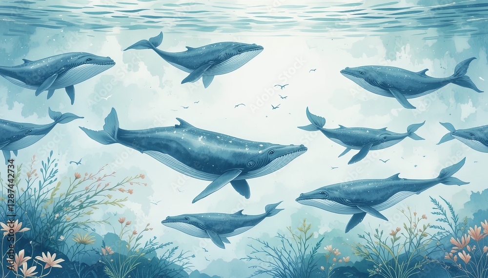 Obraz premium Humpback whale migration ocean depths digital artwork underwater wide angle marine life