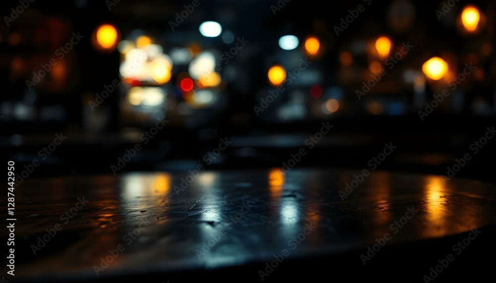 An empty table in a cafe, illuminated by blurred background lights, creating a cozy bokeh effect for product showcasing