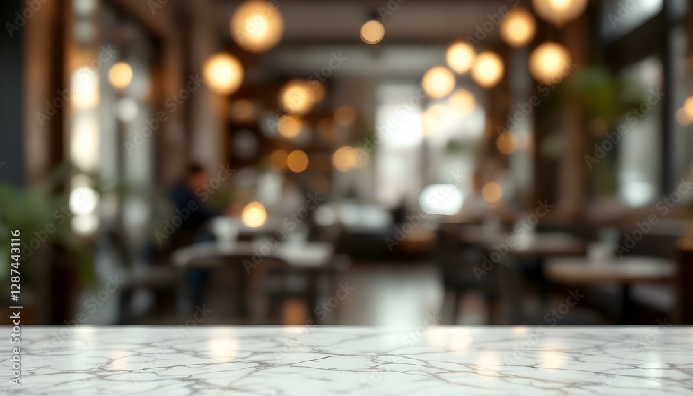 Marble table in a restaurant, empty and styled for display, with a beautifully blurred bokeh background enhancing the scene Marble table in a restaurant, empty and styled for display, with a beautifully blurred bokeh background enhancing the scene