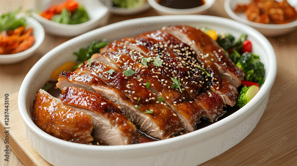 A white bowl of meat with sesame seeds and carrots A white bowl of meat with sesame seeds and carrots