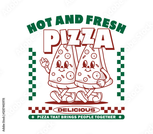 Hot and fresh pizza cartoon character design in a fun and playful vector illustration. Perfect for T-shirts, merchandise, stickers, posters, and more