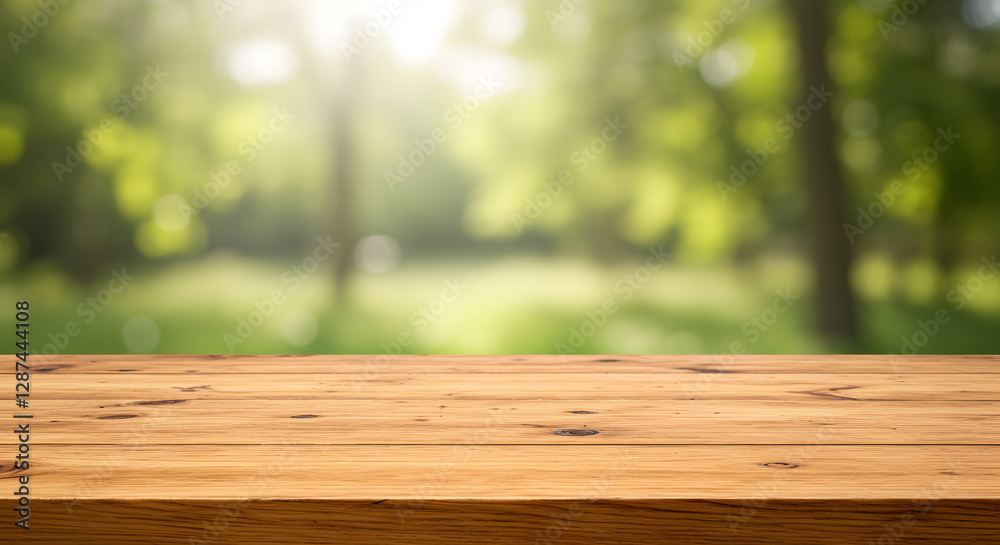 Wooden Table in Natural Setting with Green Trees and Sunlight Wooden Table in Natural Setting with Green Trees and Sunlight