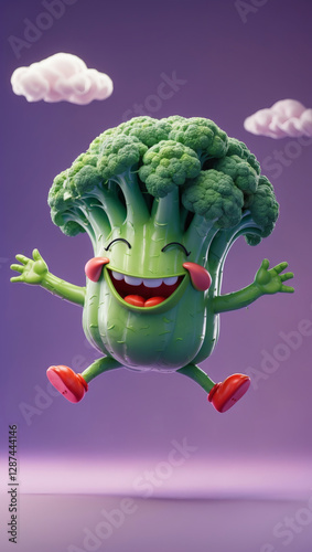 Wallpaper Mural Cheerful broccoli character leaping with joy against a pastel sky, embodying fun and healthy eating in a whimsical, vibrant scene. Torontodigital.ca