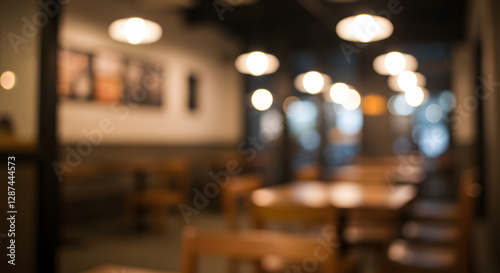 Blurred Cozy Cafe Interior with Wooden Tables and Warm Lighting