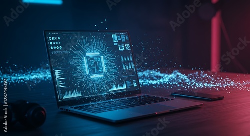 Futuristic illustration about computer technology with a laptop in neon colors. For cover backgrounds, wallpapers and other modern projects. Generated with AI