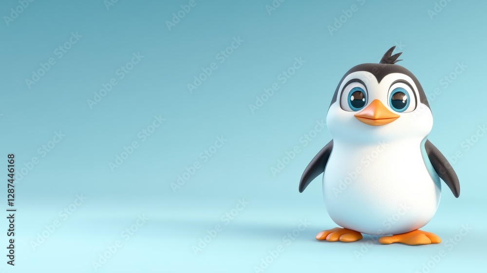 Fototapeta premium Cute cartoon penguin character standing on a blue background, perfect for children's themes and illustrations.