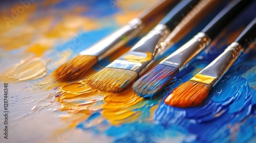 Close-up of paintbrushes resting on a vibrant palette with colorful strokes of paint, showcasing artistic creativity photo