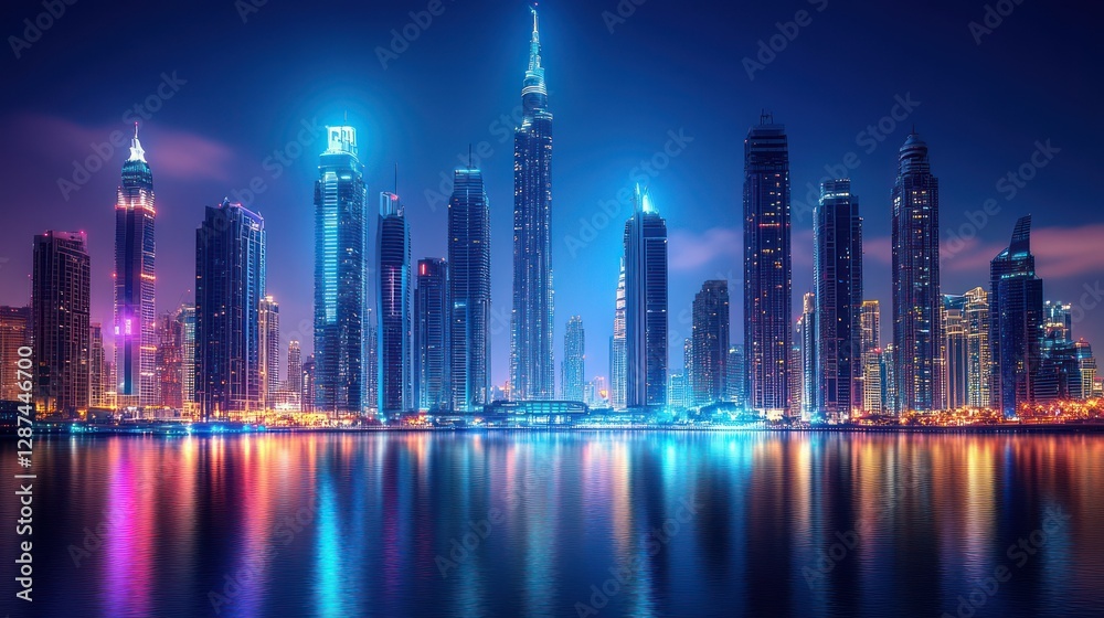 Obraz premium Night Cityscape, Dubai, Reflection, Skyline