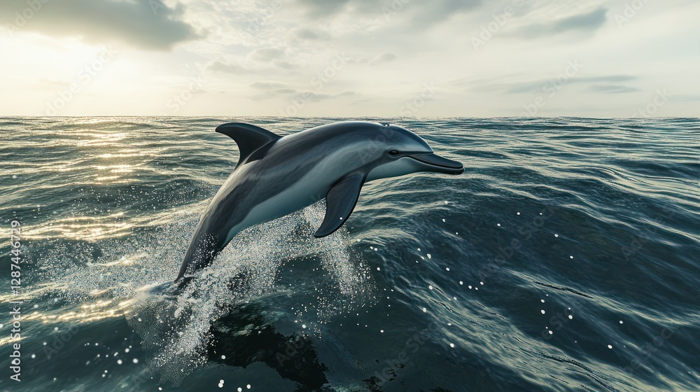 Fototapeta premium Dolphin leaping ocean sunset wildlife