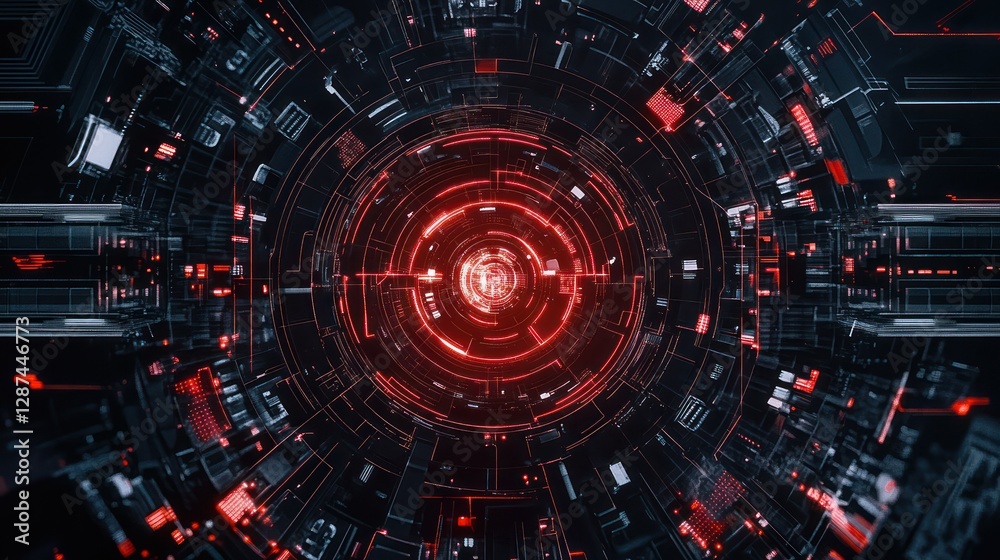 Fototapeta premium Red digital tunnel; future tech backdrop