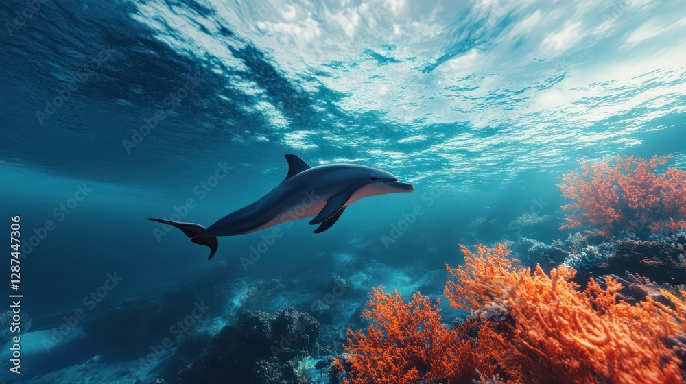 Naklejka premium Dolphin swims coral reef ocean sun