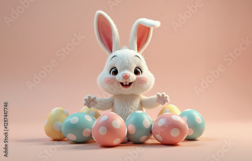 Happy bunny character with large ears and smiling face surrounded by pastel colored eggs for Easter greeting cards, children's illustrations or festive decorations.