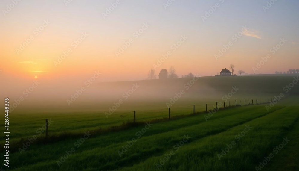 Fototapeta premium Misty Sunrise over Serene Farmland