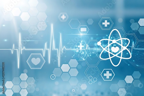 Medical background with heartbeat line, atom symbol, and medical crosses, representing healthcare, science, and technology.
