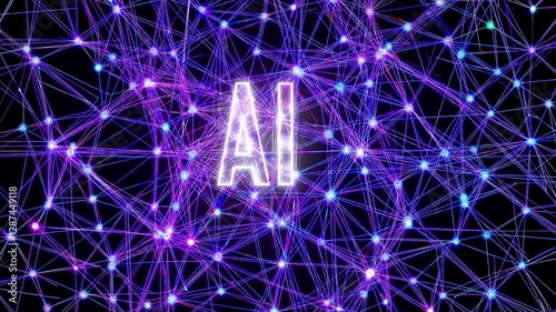 Artificial Intelligence algorithms visualization as complex neural networks, text AI glowing in the center.
