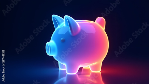 Wallpaper Mural A glowing 3D glass piggy bank with neon blue, pink, and orange hues on a dark background. Reflective and futuristic, symbolizing savings and financial growth. Torontodigital.ca