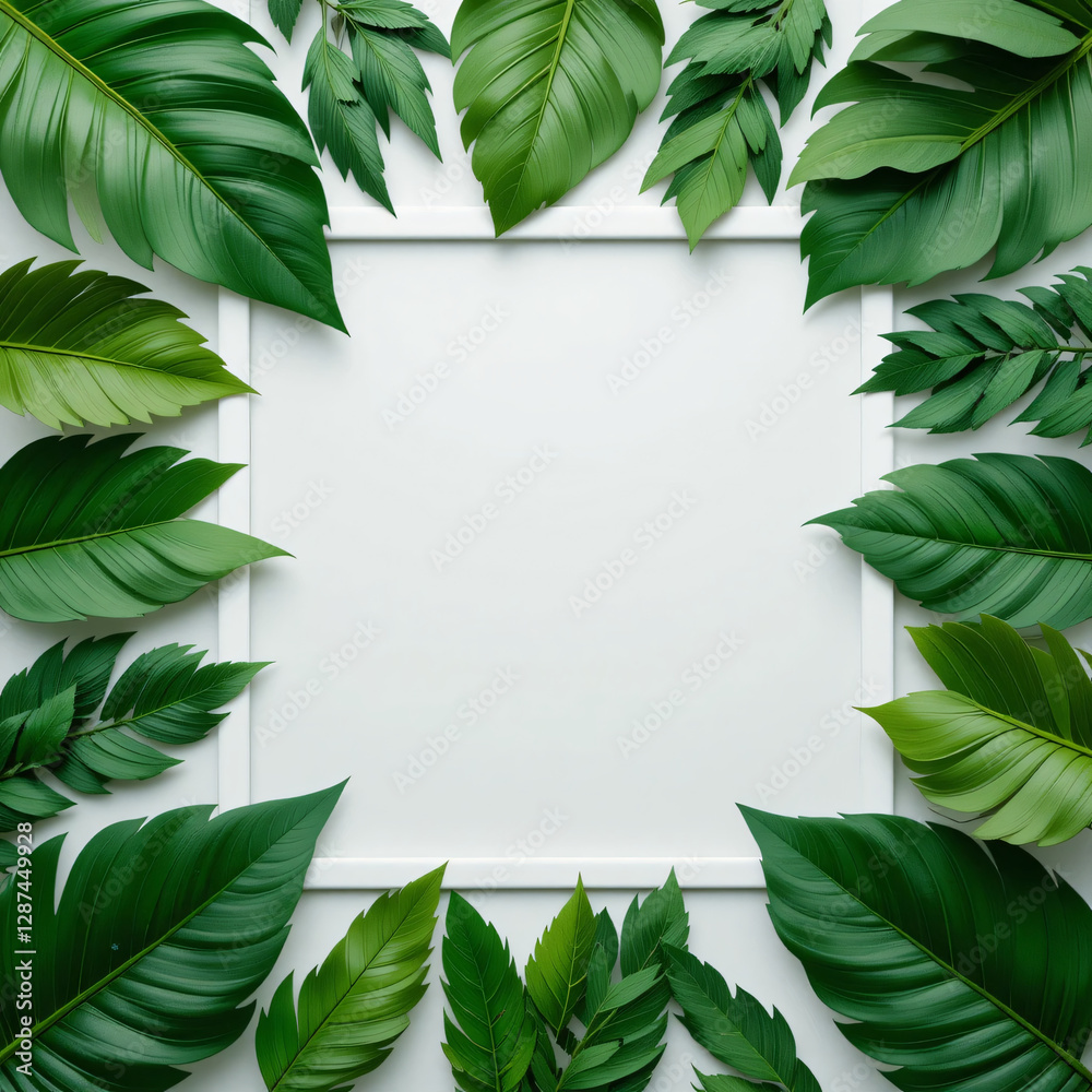 Naklejka premium Green Leaves Framing White Square Natural Mockup for Product Display