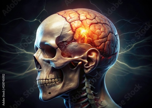 Drone View: Aerial Skeleton Head, Severe Headache, Neuralgia, Brain Pain, Medical Illustration, 3D Render, Anatomy, Neurological Disorder photo