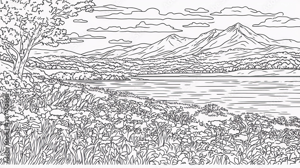 Fototapeta premium serene landscape coloring page featuring mountains, lake, and flowers