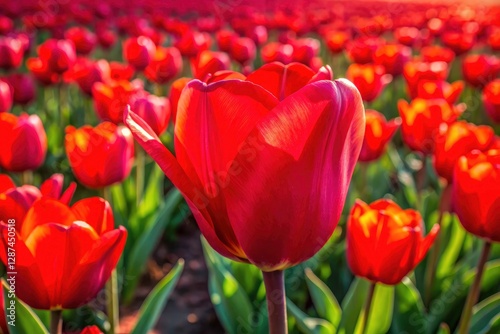 Drone View Red Tulip Field, Aerial Close Up Blooming Tulips, Spring Flowers, Nature Photography