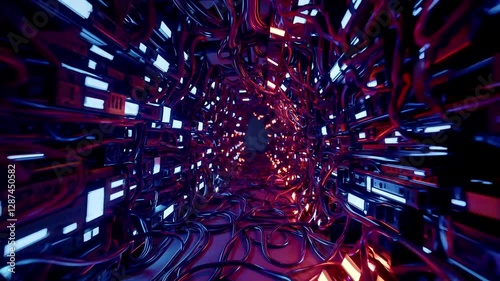 Low angle tracking shot follows tangled wires and humming servers, bathed in pulsing red and deep indigo lights. The background subtly fades into obscurity, hinting at complexity.
