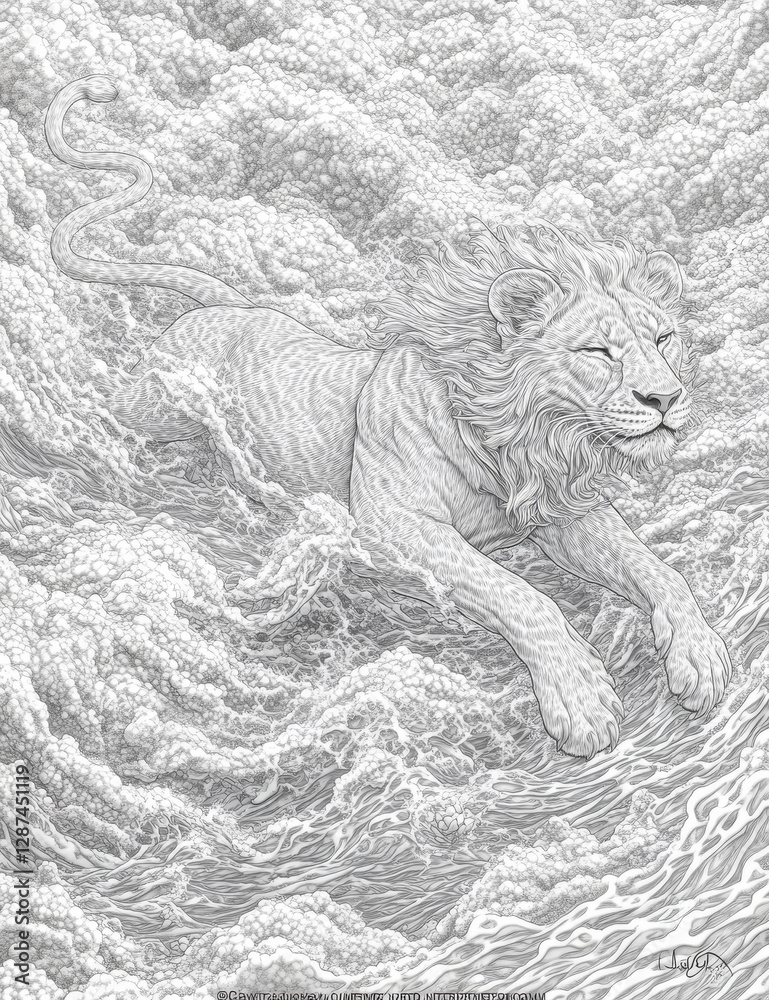 Obraz premium majestic lion leaps through swirling waves, showcasing strength and grace