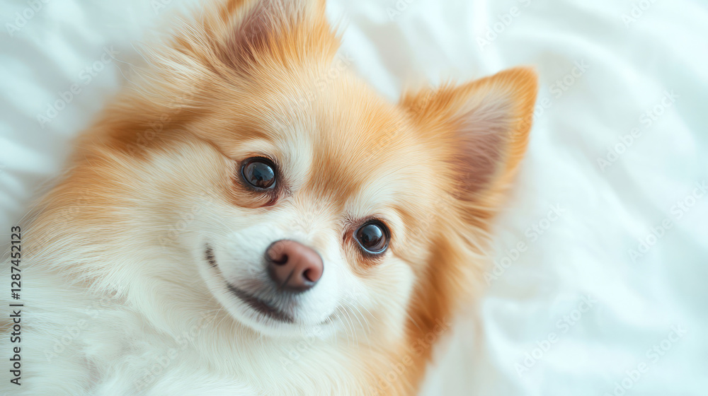 Adorable fluffy dog lying on soft white blanket with warm and inviting expression Adorable fluffy dog lying on soft white blanket with warm and inviting expression