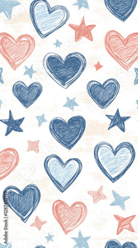 Colorful hearts and stars pattern on light background, perfect for playful designs