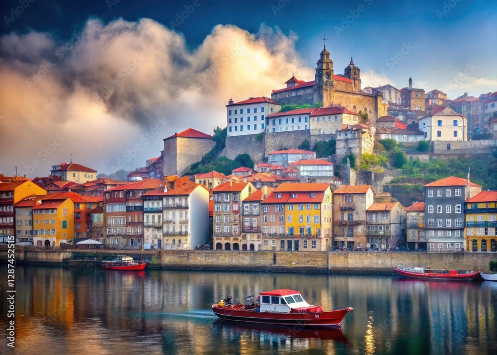 Obraz premium Foggy Porto Riverside: Douro River, Historic Architecture, Red Roofs, Portugal Photography