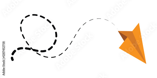 Paper plane with dotted line. Travel symbol. Origami paper airplane, isolated vector illustration.  Outline flying planes with dotted track direction. Black linear paper plane icon in eps 10.