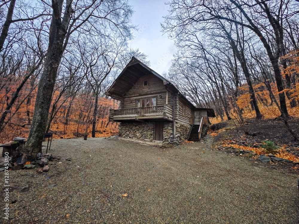 A rustic wooden cabin stands amid an autumn forest, surrounded by bare trees and fallen leaves. the cabin exudes warmth and charm, nestled in a serene woodland setting, offering a peaceful retreat A rustic wooden cabin stands amid an autumn forest, surrounded by bare trees and fallen leaves. the cabin exudes warmth and charm, nestled in a serene woodland setting, offering a peaceful retreat
