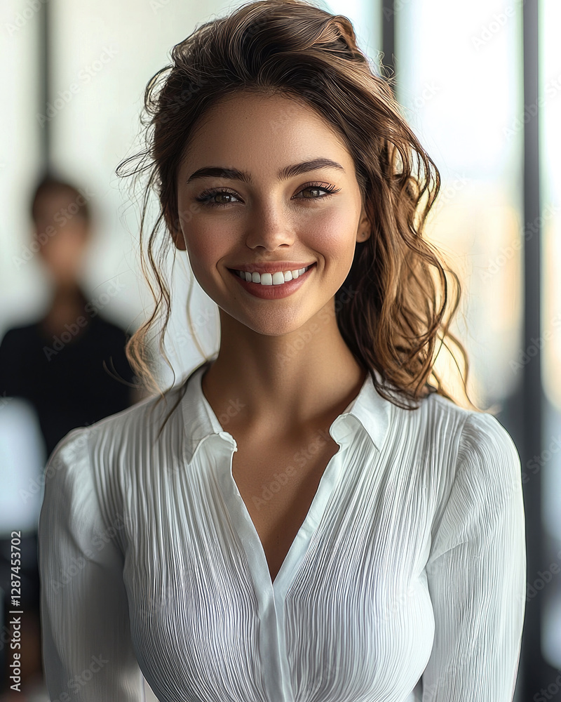 Obraz premium cheerful woman in white blouse smiles confidently in modern office setting, radiating positivity and professionalism
