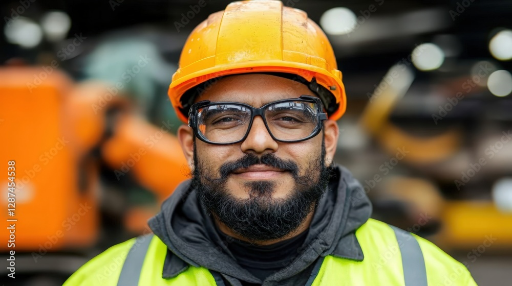 Portrait of a smiling construction worker wearing an orange hard hat and safety vest, with tools in the background Portrait of a smiling construction worker wearing an orange hard hat and safety vest, with tools in the background