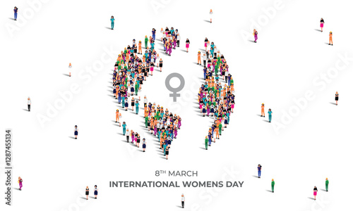 8 March happy international women's day concept. A large group of different professional women form to` create globe sign. Feminism. Women's equality day and women's empowerment.  Vector Illustration.